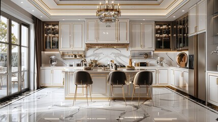 Luxurious kitchen with white marble floors, gold accents on cabinets and island, chandelier hanging above an elegant dining area. Generative AI.