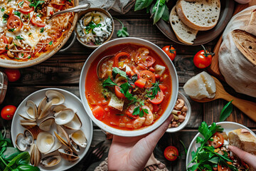 Elegant Dinner Party with Delicious Dishes on Rustic Wooden Table