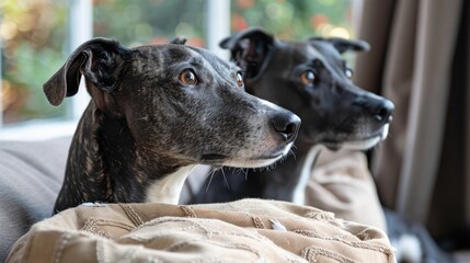 Two greyhounds rest on a cozy couch, gazing attentively out of a window with a soft blanket covering them.