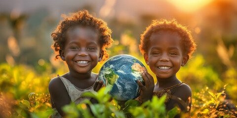 Smiling African Children Holding Globe, Dreaming of Better World