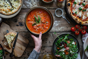 Elegant Dinner Party with Rustic Table and Delicious Dishes in Flat Lay Style
