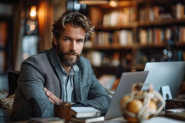 A man sits at a desk with a laptop in a cozy library, surrounded by warm lights and books, exuding a productive and intellectual atmosphere in a stylish setting.
