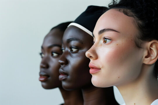 Side profiles of three diverse women emphasizing beauty. Generative AI image