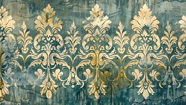 A textured damask print border with a weathered look and faded hues of blue and green.