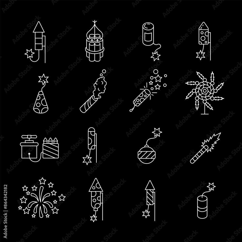 Canvas Prints fireworks, white line icons. festive firecrackers and exploding decorative lights. celebration and e