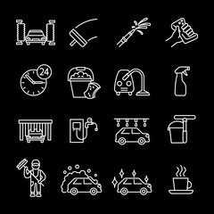 Car wash, white line icons. Automatic car wash and cleaning symbols. automotive maintenance themes. Symbols on black background. Editable stroke.