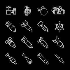 Explosive devices, white line icons. Bombs and related symbols. Ideal for security and military themes. Symbols on black background. Editable stroke.