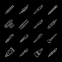 Stationery, white line icons. School supplies and writing tools. Essential for educational and office themes. Symbols on black background. Editable stroke.
