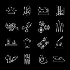 Sewing, white line icons. Needlework and sewing tools. crafting and textile themes. Symbols on black background. Editable stroke.