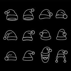 Christmas hats, white line icons. Festive hats for Christmas celebrations. holiday and seasonal themes. Symbols on black background. Editable stroke.