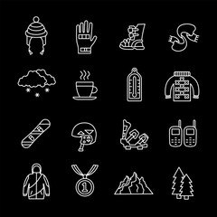 Snowboarding, white line icons. Winter sport symbols snowboards and gear. sports and recreational themes. Symbols on black background. Editable stroke.