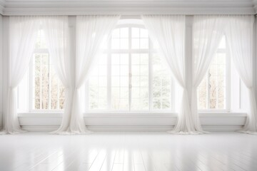 Dramatic white sheer curtains, framing a large bay window, allowing natural light to flood a spacious living room. Isolated on white background.