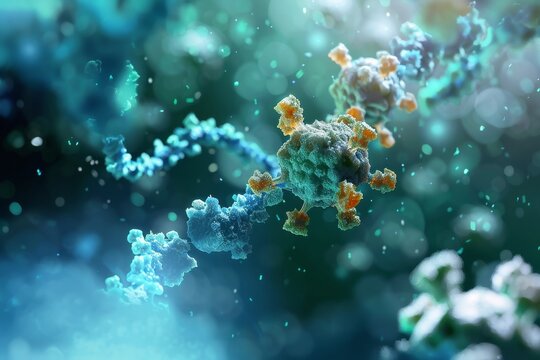 A microscopic image of an antibody attaching to a virus particle.