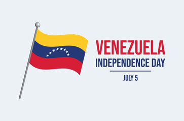 Venezuela Independence Day poster vector illustration. Venezuelan flag on a pole icon on a gray background. Waving Venezuela flag symbol. Template for background, banner, card. July 5. Important day