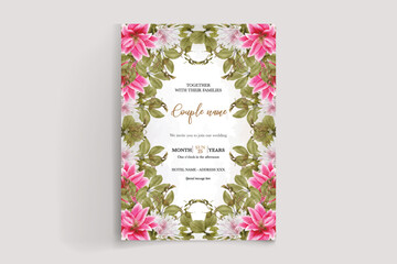 WEDDING INVITATION FRAME WITH FLOWER DECORATIONS AND FRESH LEAVES 