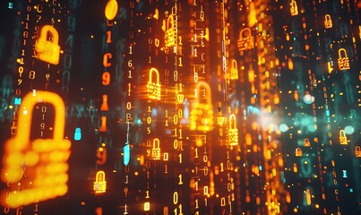 Stylized padlocks and encrypted data streams flowing through a digital matrix