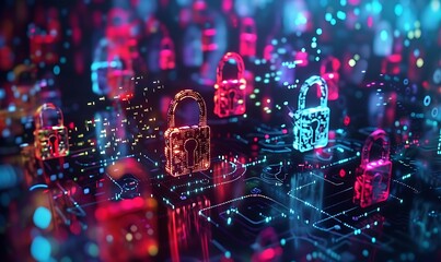 Stylized padlocks and encrypted data streams flowing through a digital matrix