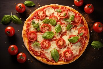 Margherita pizza, thin crispy crust, fresh tomatoes and basil.