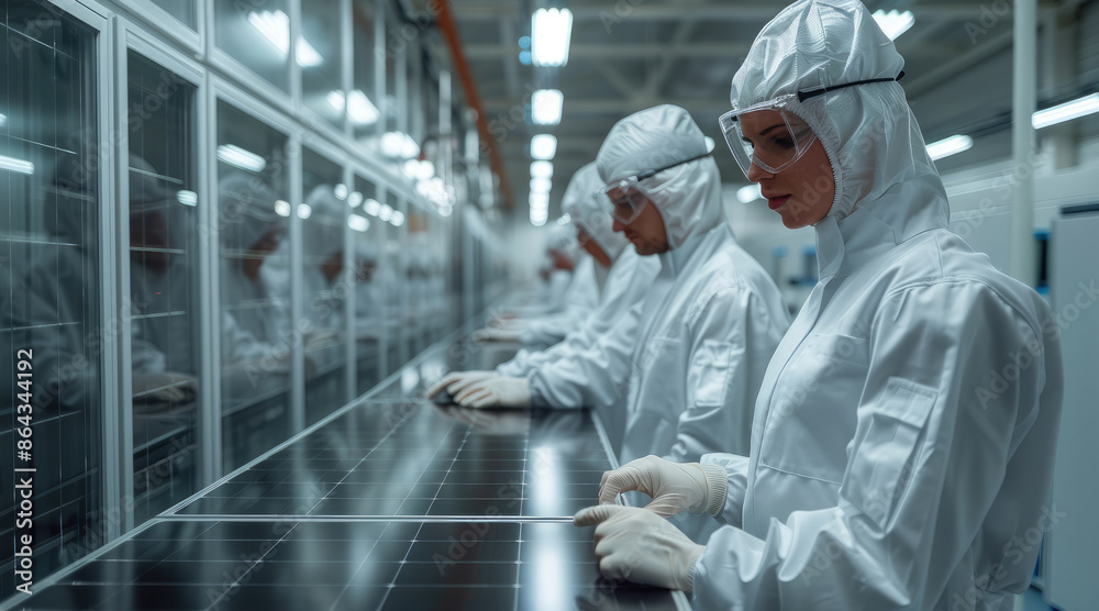 Poster Workers in a laboratory testing new prototypes of solar panels. Generative AI.
