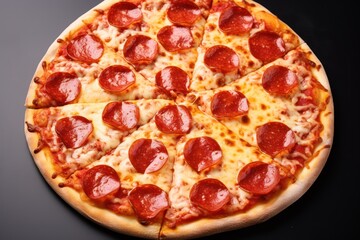Pizza with pepperoni, melted cheese.