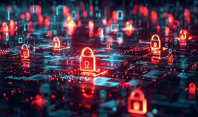 Stylized padlocks and encrypted data streams flowing through a digital matrix