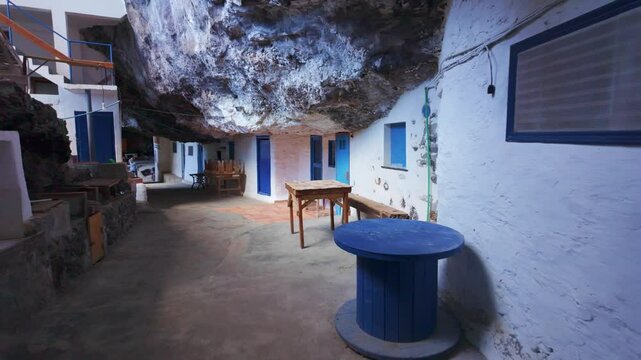 Narrow streets with houses built into the rock of the cave, Poris de Candelaria, La Palma, Canary Islands