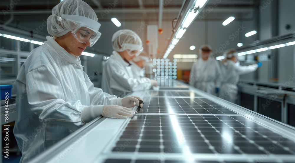 Poster Workers in a laboratory testing new prototypes of solar panels in the factory. Generative AI.