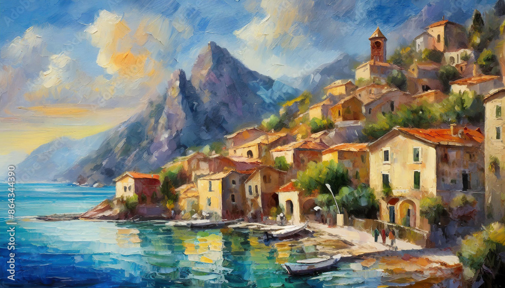 Wall mural oil painting of a small town by the sea and ocean with the shore, big beautiful mountains, summer ho