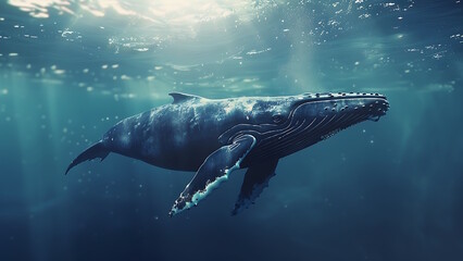 Fototapeta premium Humpback whale swimming in the blue sea.