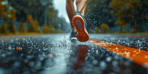 Athlete running on rain soaked racetrack at stadium