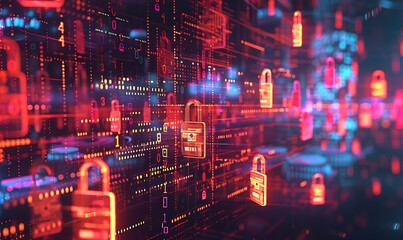 Stylized padlocks and encrypted data streams flowing through a digital matrix