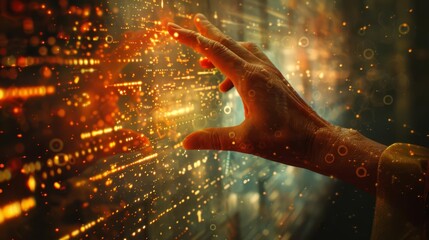 Hand touching digital interface with glowing data visualization and abstract lights, representing futuristic technology and innovation.