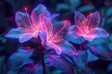 Obraz premium Tropical Plant with AI-Generated Holographic Flowers Illuminated in Neon Colors Against a Dark Background