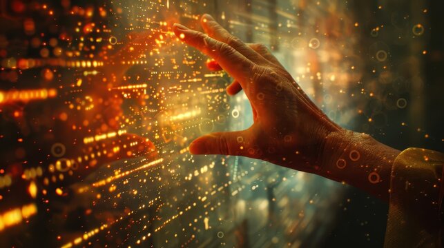 Hand touching digital interface with glowing data visualization and abstract lights, representing futuristic technology and innovation.