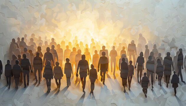 Abstract illustration of a diverse group of people walking towards a bright light, symbolizing unity and hope.