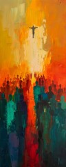 Fototapeta premium Vibrant abstract painting of a crowd beneath a levitating figure, highlighted by a blend of bright, warm colors and striking contrast.