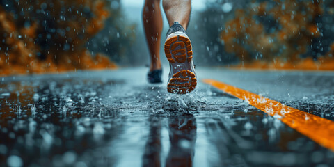 Athlete running on rain soaked racetrack at stadium