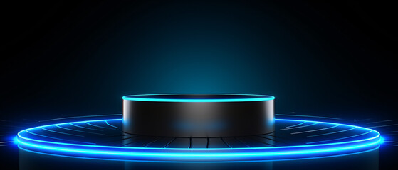Minimalist black podium spotlighting an absent product, set against a dramatic dark background ambiance.