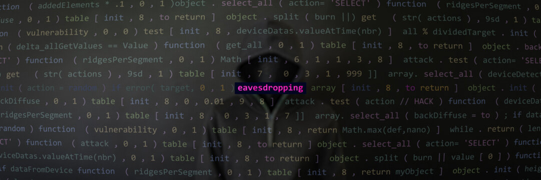 Cyber attack eavesdropping text in foreground screen, Anonymous hacker hidden with hoodie in the blurred background. Vulnerability text in binary system, code on editor screen. Text in English.