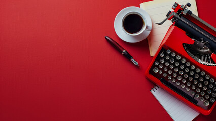 Vintage typewriter with notebook and coffee on red background