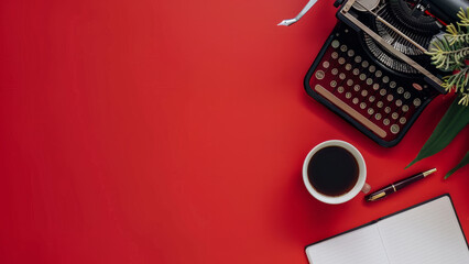 Vintage typewriter with notebook and coffee on red background


