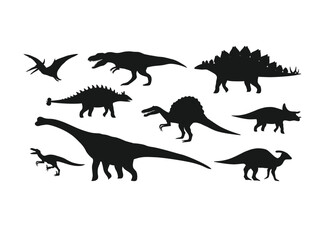 Vector set of flat hand drawn dinosaurs silhouette isolated on white background