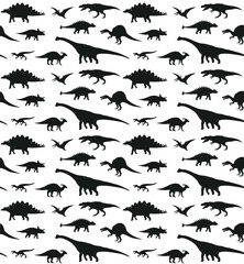Naklejka premium Vector seamless pattern of flat hand drawn dinosaurs silhouette isolated on white background
