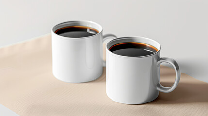 Two white coffee cups with black coffee in them