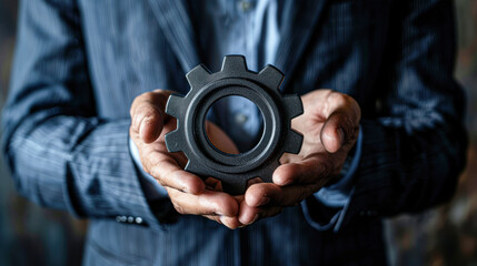 Fototapeta premium Manager holding a gear icon indicating efficiency and operational excellence