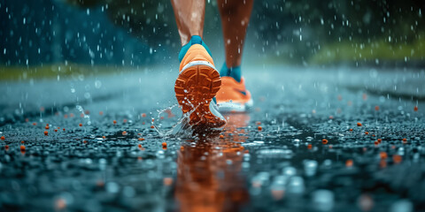 Athlete running on rain soaked racetrack at stadium