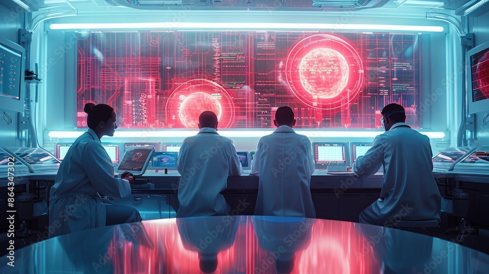 Poster futuristic laboratory with researchers sitting by the table, lab workers in fashionable white lab co