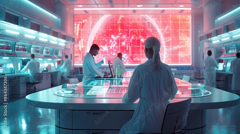 Poster Futuristic laboratory with researchers sitting by the table, lab workers in fashionable white lab coats in iridescent futuristic luxury laboratory environment in iridescent white. Generative AI.