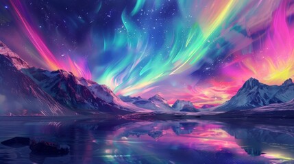 Obraz premium Illustration of A celestial realm where auroras dance in vibrant ribbons across the sky, their colors reflecting in lakes of shimmering rainbow gelatin