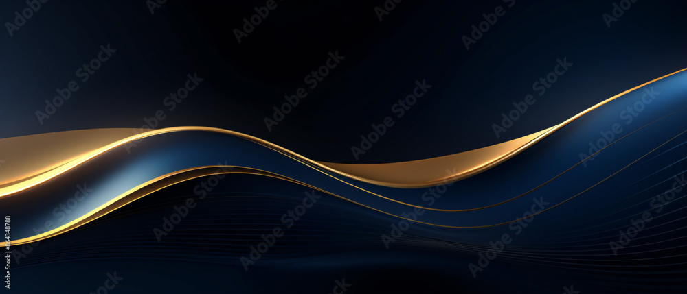 Poster luxury curved golden lines on a dark blue background, creating an elegant and sophisticated design.